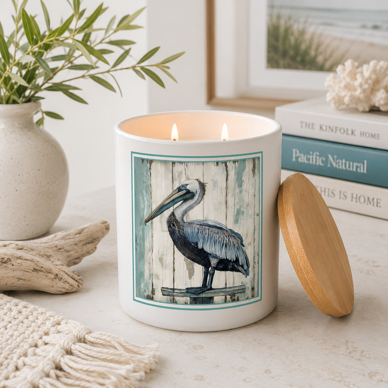 Coastal Pelican Beach Artwork Candle | 12 oz Jar