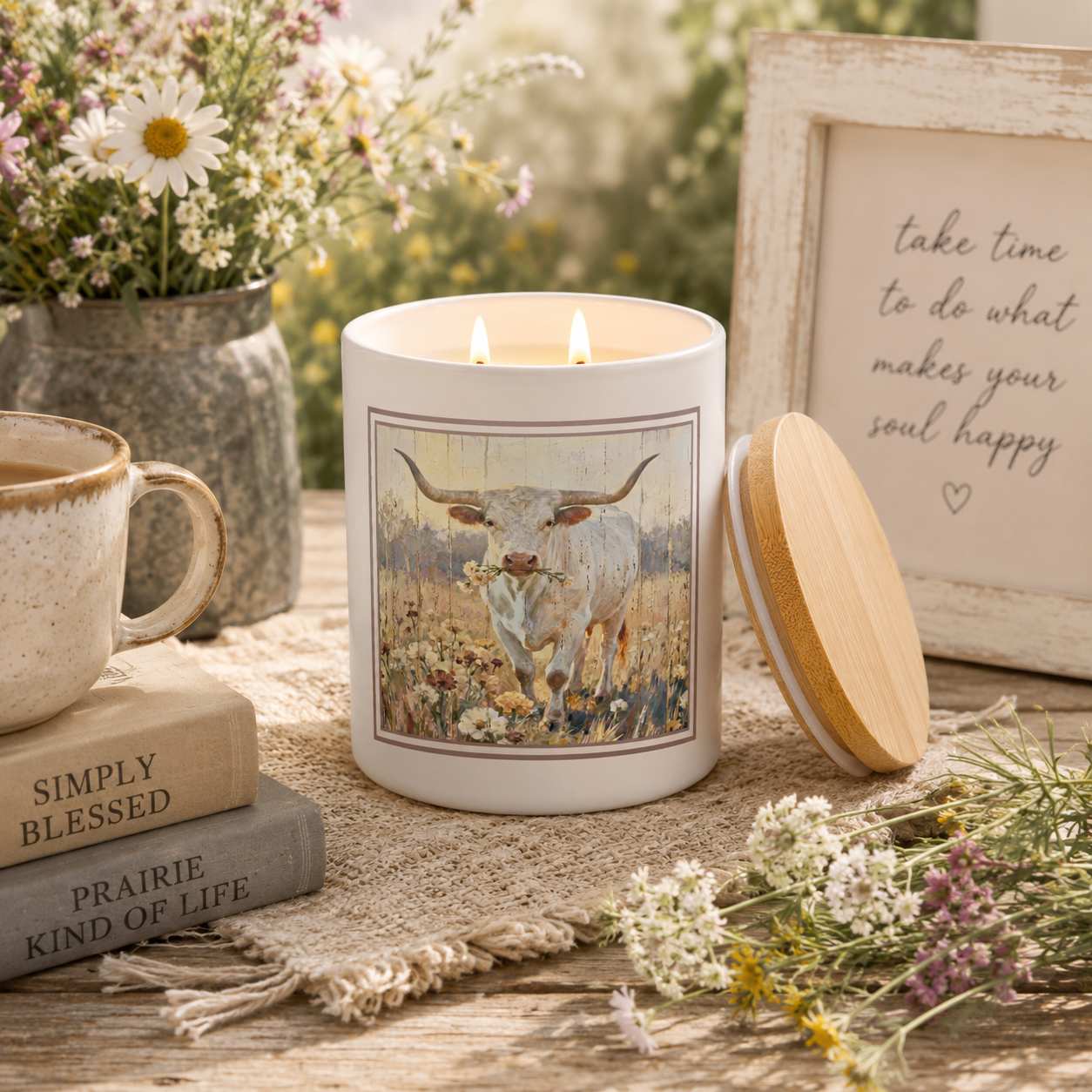 Longhorn Wildflower Candle | Rustic Farmhouse Western Décor Candle | 12 oz Jar