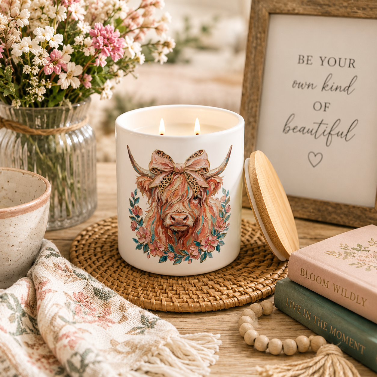 Floral Highland Cow Candle | 12 oz Jar