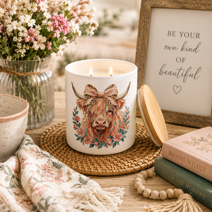 Floral Highland Cow Candle | 12 oz Jar