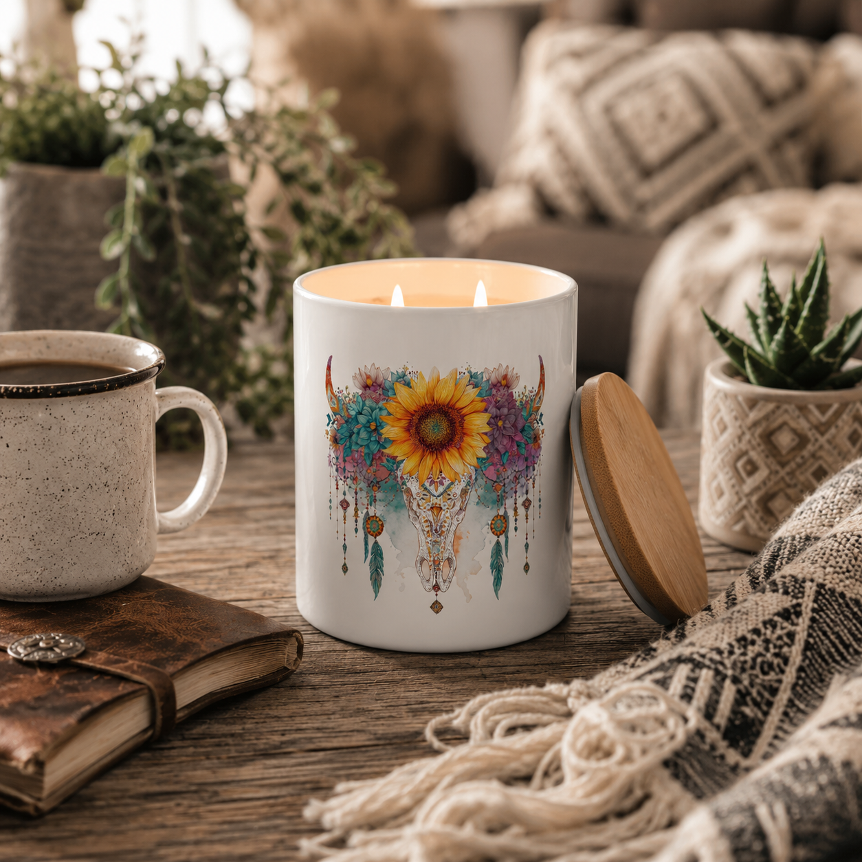 Boho Sunflower Skull Candle | 12 oz Jar
