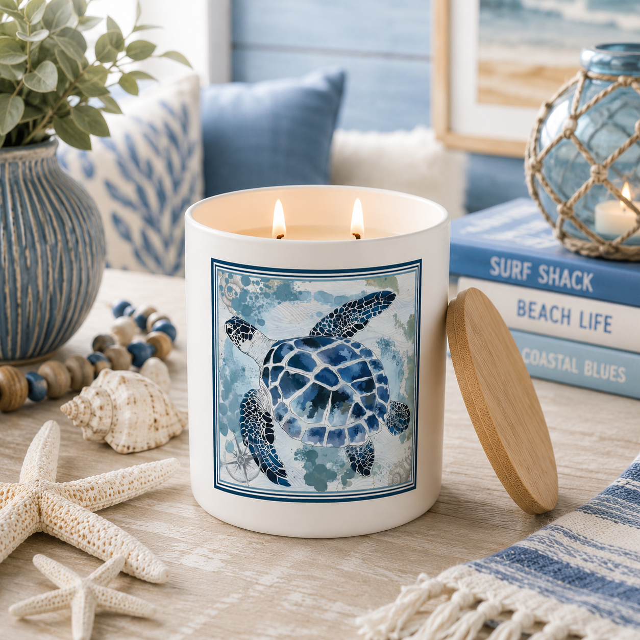 Blue Sea Turtle Coastal Candle Gift | 12 oz Jar