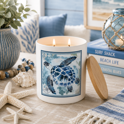 Blue Sea Turtle Coastal Candle Gift | 12 oz Jar