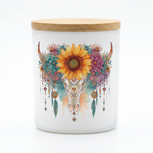 Boho Sunflower Skull Candle | 12 oz Jar