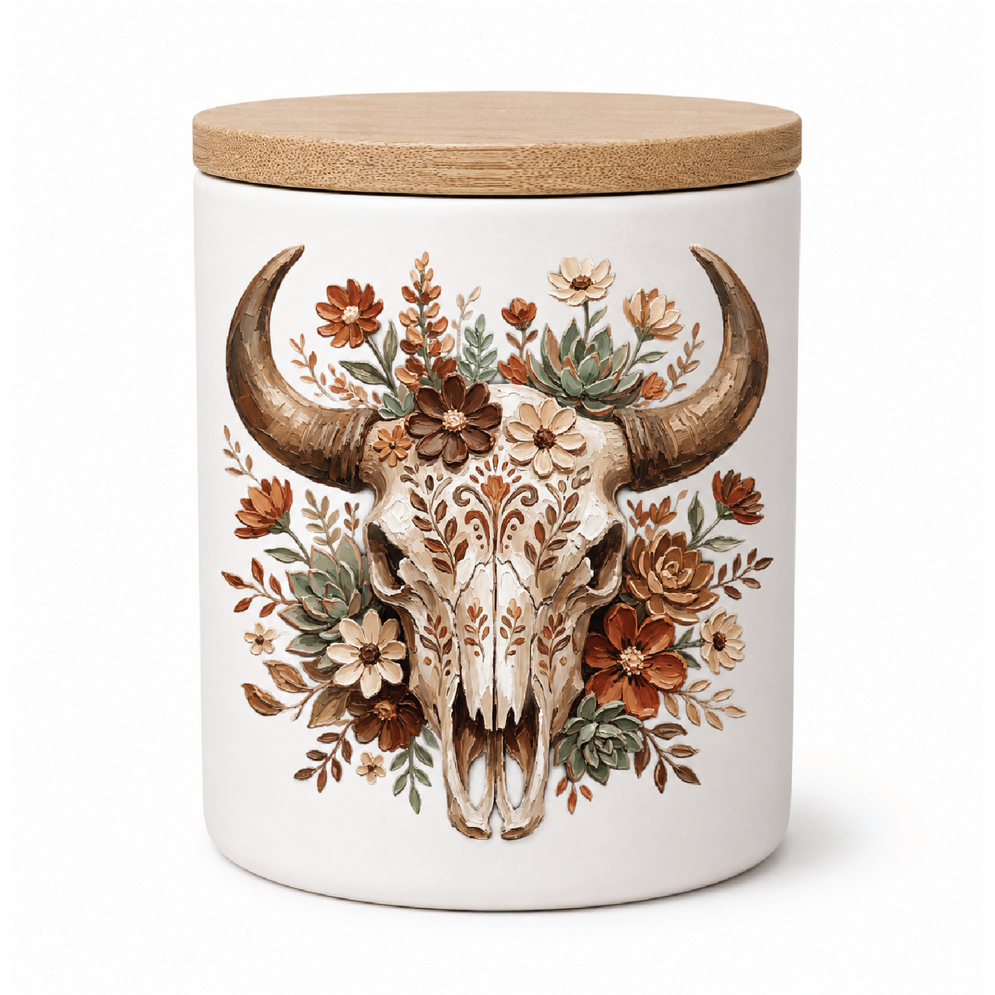 Boho Cow Skull Candle | Western Floral Rustic Decor | 12 oz Jar Candle