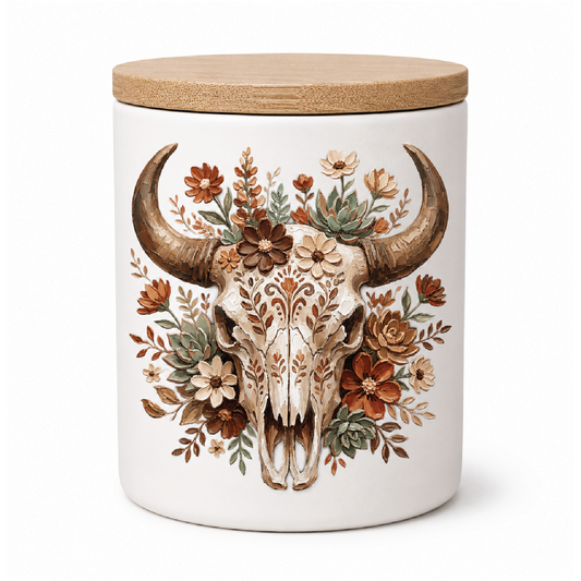 Boho Cow Skull Candle | Western Floral Rustic Decor | 12 oz Jar Candle