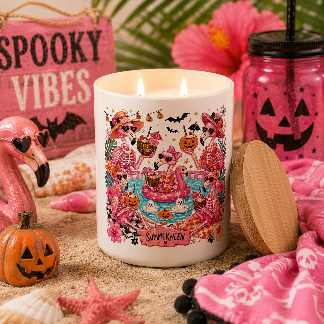 Summerween Flamingo Skeleton Candle | 12 oz Jar