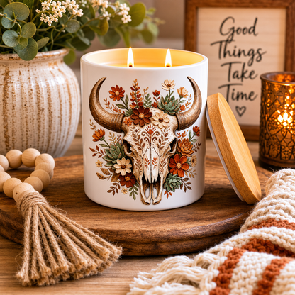 Boho Cow Skull Candle | Western Floral Rustic Decor | 12 oz Jar Candle