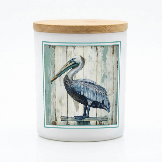 Coastal Pelican Beach Artwork Candle | 12 oz Jar