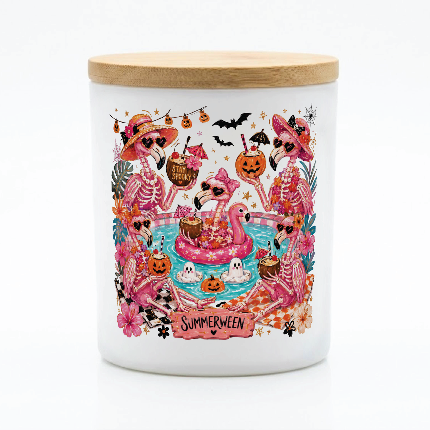 Summerween Flamingo Skeleton Candle | 12 oz Jar