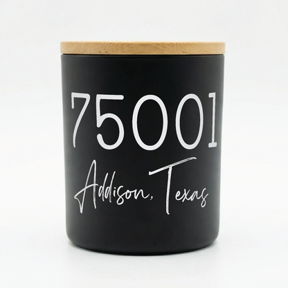 Custom Zip Code City State Black Candle | 12 oz Jar