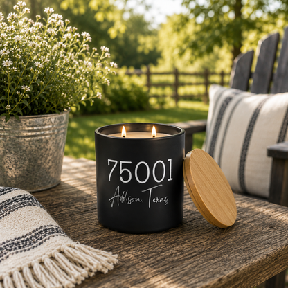 Custom Zip Code City State Black Candle | 12 oz Jar